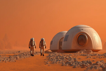 Pair of Astronauts in White Suits Walking Away From Their Round Modular Habitat on the Red, Rocky Martian Surface