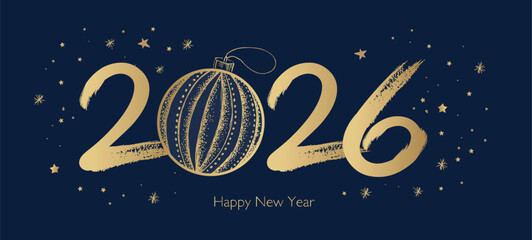 New Year 2026 set on blue background. Hand drawn illustration.