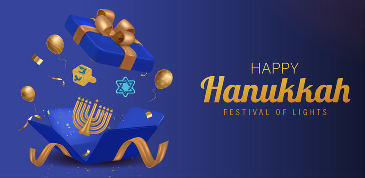 Luxury Hanukkah composition featuring golden ribbons, blue gift box, menorah, dreidel and Star of David on elegant background illustration. Hanukkah Social Media Post. Vector Illustration