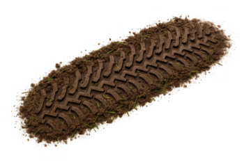 Tire track impression in wet mud and soil, showing detailed tread pattern from off-road vehicle, transparent background