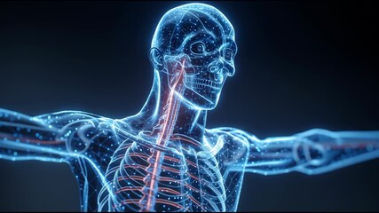 Human Anatomy: A detailed, luminous depiction of the human anatomy reveals the intricate network of the human body, with a focus on skeletal, neural, and circulatory systems. - Powered by Adobe