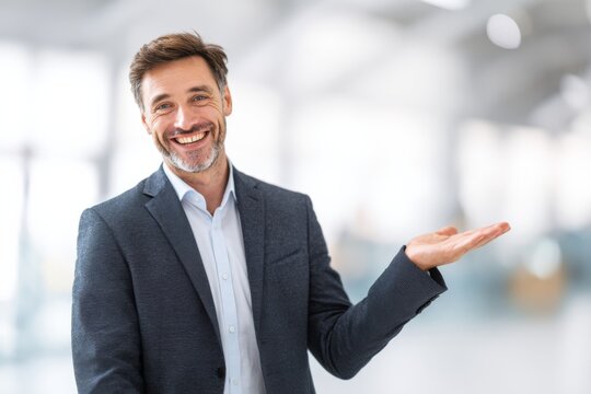A cheerful businessman smiles warmly with open hands, showing friendliness and approachability in conversation.