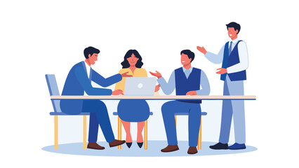 Diverse group of professionals collaborating around a table with a laptop in a modern office setting discussing ideas and planning strategies