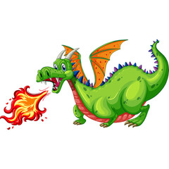 Pixelated green dragon breathing fire with orange and blue wings and white background