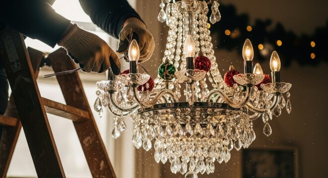 Man adjusting chandelier while standing on ladder in festive decor