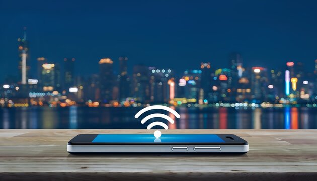 Modern smartphone displaying a luminous WiFi signal icon against a vibrant, blurred city skyline at night, representing seamless digital communication and urban technological advancement