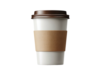 Simple white disposable coffee cup with brown lid and sleeve