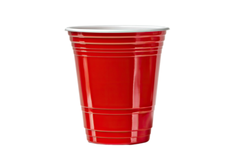 Bright red plastic cup with horizontal ridges, isolated on black
