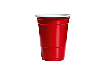 Red plastic party cup with white rim and stacked ridges