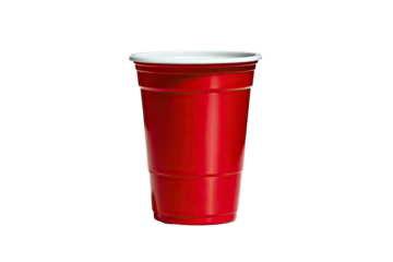 Red plastic party cup with white rim and stacked ridges