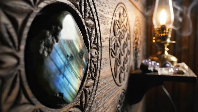 Rustic charm and crystal healing energy with vintage lamp and carved wooden details