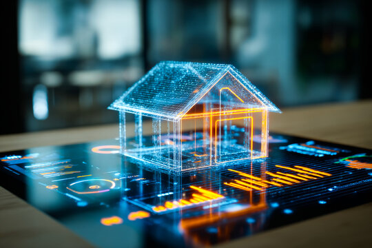 Dynamic holographic model of a modern house projected on an interactive display in a design studio