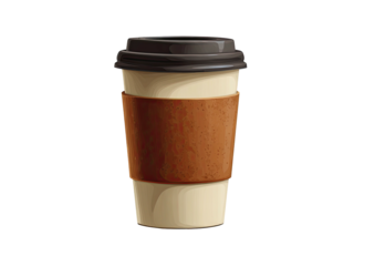 A light-colored disposable cup with a brown sleeve and black lid
