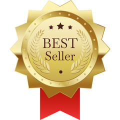 Premium Quality Golden Seal Badge With Red Ribbon Text Best Seller and Stars Award Emblem Isolated On Transparent Background