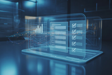 Dynamic digital dashboard showcasing financial analytics and task completion on futuristic transparent interface, driving business growth and efficiency.