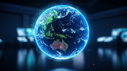 Digital Earth Hologram In Futuristic Control Room With Blurred Monitors And Glowing Connections - Powered by Adobe