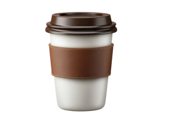 A white to-go coffee cup with a brown lid and sleeve
