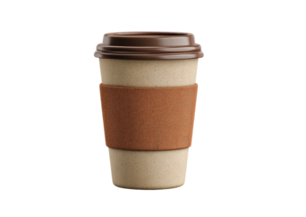 A plain disposable paper coffee cup with a brown lid and sleeve