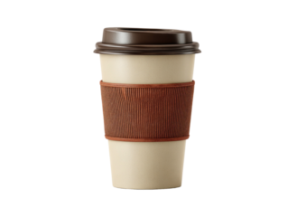 Reusable ceramic coffee cup with textured sleeve and brown lid