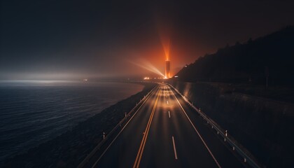 Obraz premium Nocturnal journey along a mist-shrouded road, leading towards a powerful orange light piercing through the heavy coastal fog