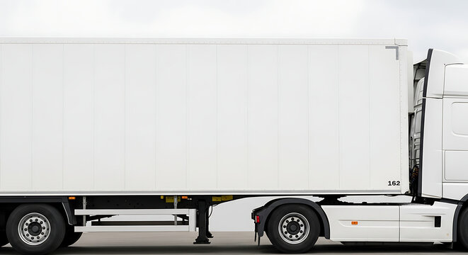 Close-up side view of a modern white semi-trailer truck parked on a road