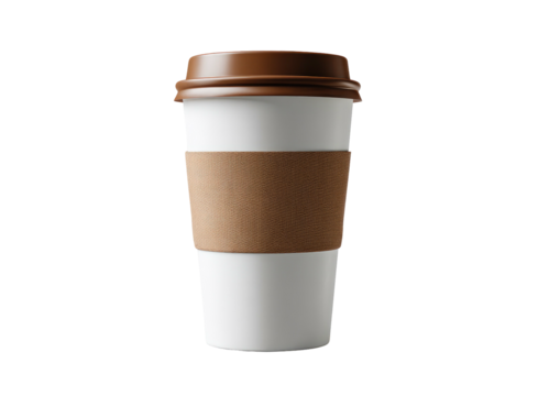 White paper coffee cup with brown lid and sleeve