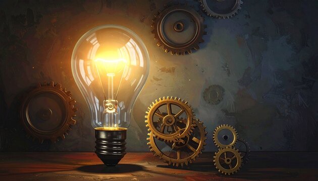 Illuminated light bulb placed among interlocking gears on textured surface and wall. Symbolic composition conveys inventive thinking, creativity, and the mechanical process of problem-solving.