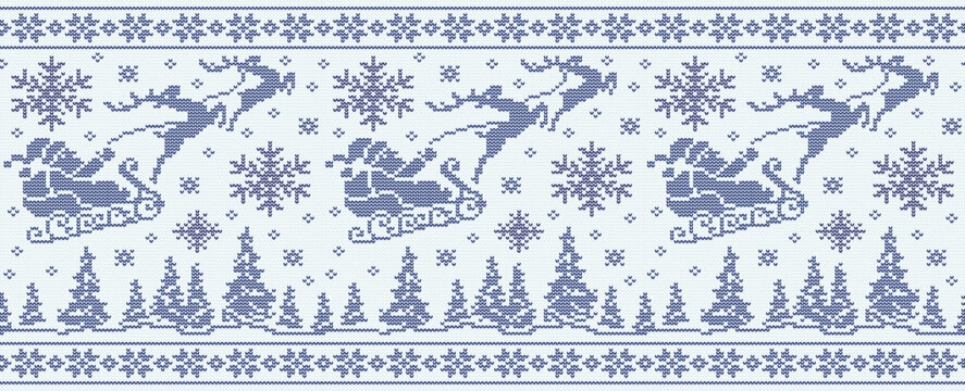 A repeating fragment of a winter illustration featuring Santa Claus, reindeer, and Christmas trees. Knitted effect.