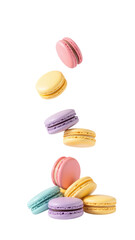 Obraz premium Colorful macarons stacked in playful arrangement, showcasing vibrant hues and delicate textures, evoke sense of joy and indulgence