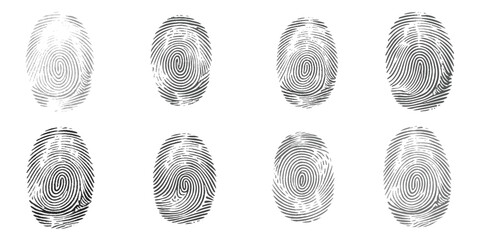 Set of fingerprint black different fingerprints are shown, each with a different pattern on white background.