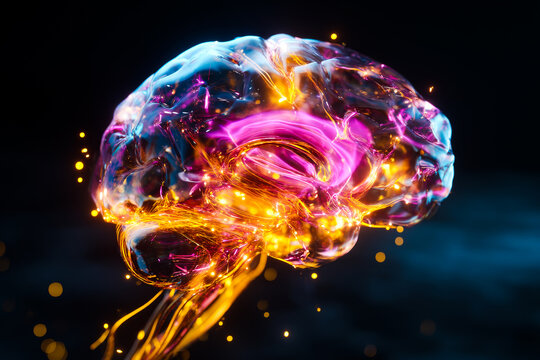 Animation of a transparent glass brain with colorful lights and intricate designs in a dark setting