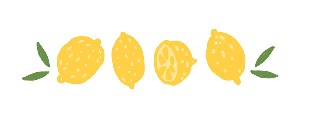Lemon vector illustration, hand drawn imperfect fruit set in naive cartoon style