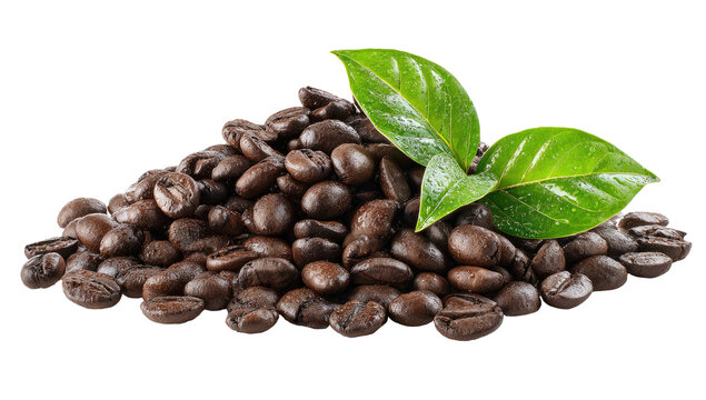 Pile of roasted coffee beans with fresh green leaves - Powered by Adobe