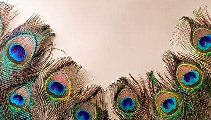 Obraz premium Colorful Peacock Feathers Border A Neutral Background With Vibrant Eyespots For Aesthetics And Design