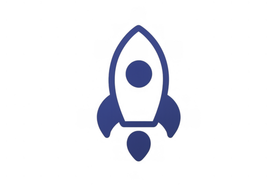 Blue rocket icon symbolizing new business startup launch, growth, innovation, and technological progress with transparent background