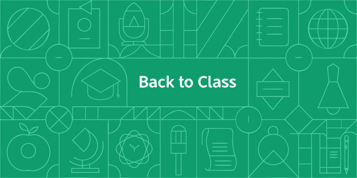 Back to class green geometric background with school icons and text