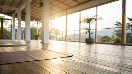 Obraz premium relaxation interior design featuring an empty room with large wooden windows, parquet floor, and a bright, expansive view