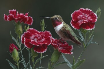 Obraz premium Elegant hummingbird perched among vibrant dianthus flowers in a tranquil natural setting during midday light