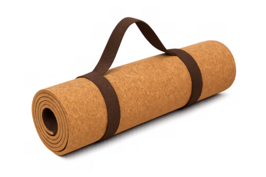 Rolled cork yoga exercise mat with carry strap, ready for fitness, health, and wellness activities on transparent background
