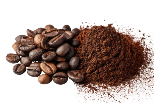 A pile of roasted coffee beans next to ground coffee