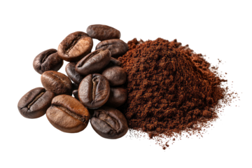Rich dark roasted coffee beans beside a pile of finely ground coffee
