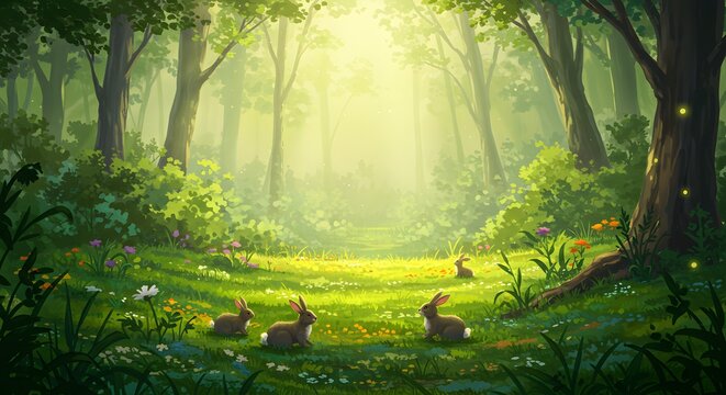 Ethereal Forest Meadow Three Wild Rabbits in Golden Sunlight with Magical Glow.