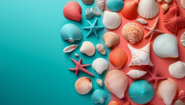 Charming Seashells And Ocean Finds Arranged On Vibrant Coral And Turquoise For Summer Beach Vibes