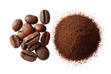 Overhead view of roasted coffee beans and fine grounds