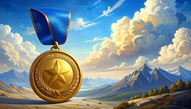 Gold medal with blue ribbon suspended against a cloud-filled sky with rays of sunlight. Embossed “1” and laurel wreath symbolize victory, excellence, and achievement in a powerful visual.