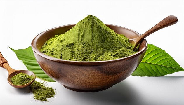 Kratom Powder In A Bowl With Leaves And Spoon Isolated On Transparent Background