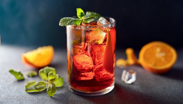 Punch On The Rocks In Drinking Glass Decorated With Mint Leaf And Orange Peal