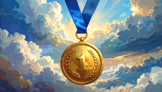 Gold medal with blue ribbon suspended against a cloud-filled sky with rays of sunlight. Embossed “1” and laurel wreath symbolize victory, excellence, and achievement in a powerful visual.