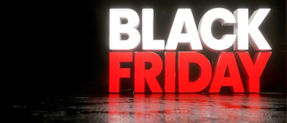 White and red glowing 3D BLACK FRIDAY text on dark background for seasonal sale concept
