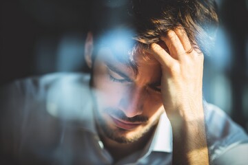 An exhausted businessman rests his head on one hand, showing signs of burnout and mental fatigue in the workplace.